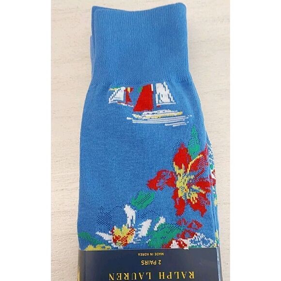 Polo Ralph Lauren Mens Crew Socks Polo Paradise Print Blue 2-Pair Sz XL 13-16 - Picture 7 of 8